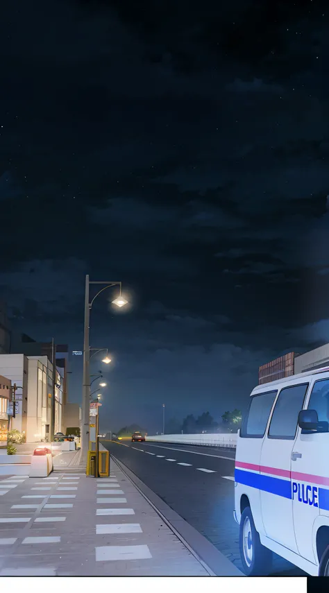 A police car was parked on the side of the road, calm evening. Anime background art, city street view background,