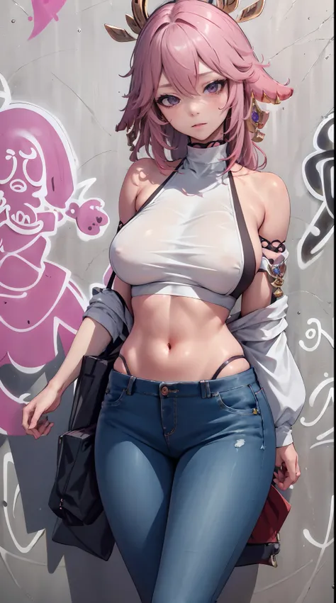 Yae Miko|genshin impact, master-piece, bestquality, 1girls,25 years old, proportional body, elongated legs, Beautiful, proportional., crop top, Long Jeans, mediuml breasts, ,bara, crop top, choker, (Graffiti:1.5), Splash with purple lightning pattern., arm...