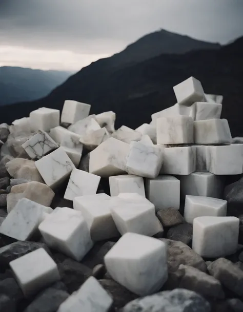 Broken marble blocks，Mountains piled up，Porcelain pattern，Tim Walker style，Heads-up