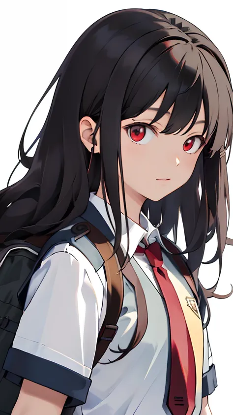 (masterpiece, best quality:1.2), looking at viewer, school uniform, (wavy hair:0.8), long hair, red eyes, upper body,