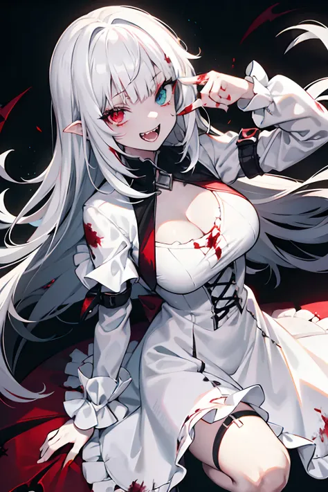 1 girl, heterochromia eyes, right eye red, left eye green, long white hair, looking at viewer, blood on the clothes, white sundress, dark background, scary smile, killer, fangs, vampire