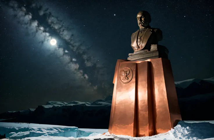 lenins statue made of solid pure copper, glistening in the polar moonlight