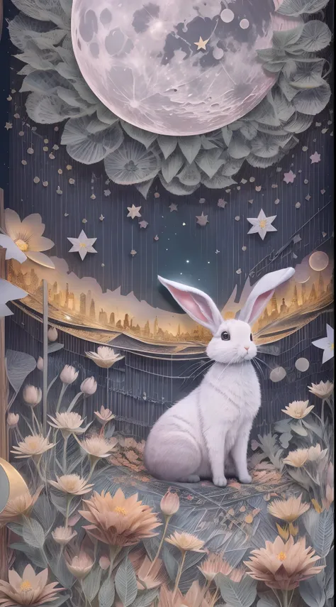 In this ultra-detailed CG art，a moon，during night，starrysky，adorable rabbit,(Paper Cuttings style:fresh flowers.Fujiman)，Best quality at best，A high resolution，Complicated details，fanciful，