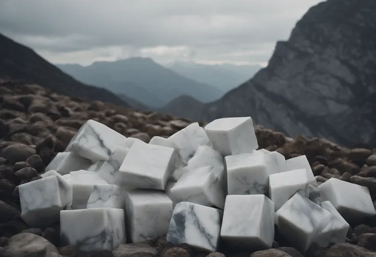 Broken marble blocks with porcelain pattern，The mountains are piled up，Porcelain pattern，Tim Walker style，Heads-up