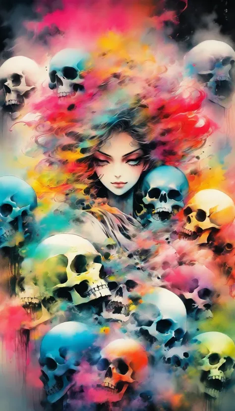 abstract color splash painting of a woman , skulls, before you drift into unconsciousness ; The dark cloud of black and white, an insane demon, a beautifully colorful and intricately detailed mixed media ink illustration by Stephen Gammell, Raffaello Ossol...