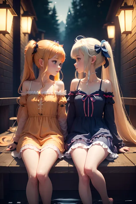 (2girls),,( , High quality , ultra-detailliert ),,(masutepiece),(lying back),co-sleeping,（Twilight、Lit up）,(long-haired blonde twin-tails),（(Orange and blue nightgown)）,(Cute 3D anime petite girl rendering),hyperdetailed face,Bare legged,Halo, Perfect face...