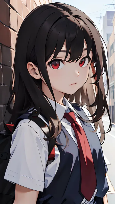 (masterpiece, best quality:1.2), looking at viewer, school uniform, (wavy hair:0.8), long hair, red eyes, upper body,