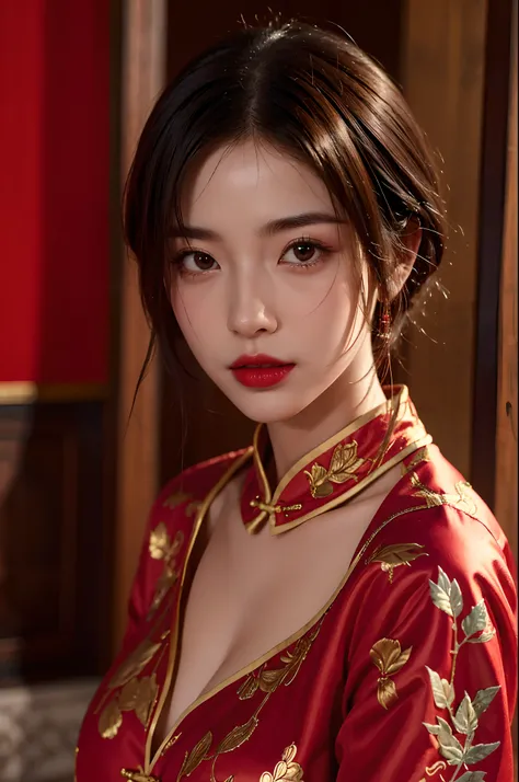 1girls,shrubs,Girl-Girl,china dress,Red Chinese Clothing,Blunt haircut,(masterpiece:1.4),(bestquality:1.4),(oily shiny skin),Red lips,looking at the audience,Big breasts,cleft lip, Upper body,