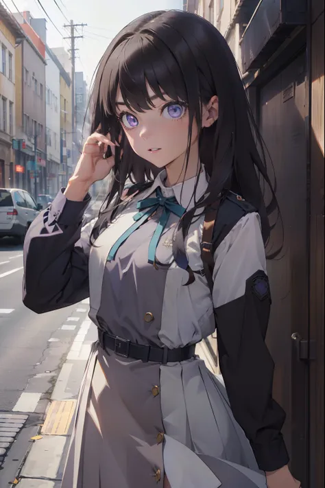 takinainoue, inoue takina, long hair, bangs, black hair, (purple eyes:1.2), BREAK shirt, long sleeves, dress, ribbon, school uniform, white shirt, collared shirt, belt, neck ribbon, blue dress, green ribbon, pleated dress, grey dress, two-tone dress, blue ...