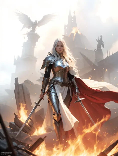 a woman with a sword in her left hand and a sword in her right hand walking through a fire, fantasy paladin woman, a beautiful silver white haired female knight, graphic artist magali villeneuve, gorgeous female paladin with a menacing smile, high quality ...