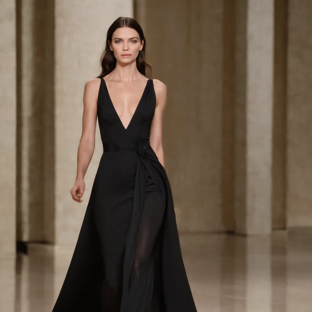 a woman in a black dress walking down a runway, an elegant woman in black dress, elegant asymmetrical, flowing black gown, black gown, she is wearing a black dress, emaciated black evening gown, style is a blend of æon flux, dark black long dress, style mi...