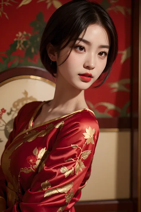 1girls,shrubs,Girl-Girl,china dress,Red Chinese Clothing,Blunt haircut,(masterpiece:1.4),(bestquality:1.4),(oily shiny skin),Red lips,looking at the audience,Big breasts,cleft lip, Upper body,