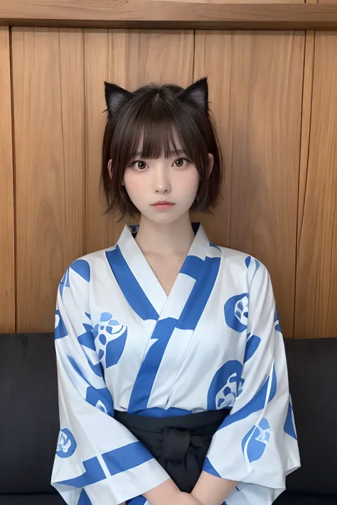 masutepiece, Best Quality, One girl, (Beautiful Girl:1.3), (18 years old:1.3), Very fine eye definition, (Symmetrical eyes:1.3), (Yukata:1.2), Beautiful breasts, Brown eyes, Parted bangs, Brown hair、cat ear、Sad face