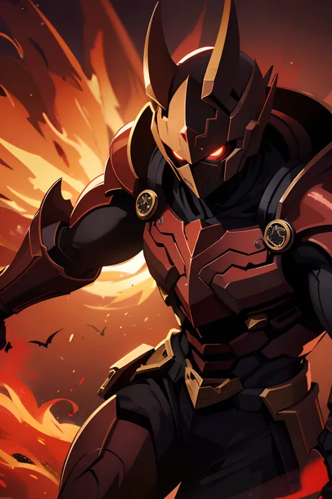 dark golden knight, menacing, red eyes, red sky, dark background, hd, highres