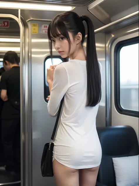 Looks Back，Knees，年轻，(Onepiece)，Long T-shirt，teens girl，Delicate body，petite body，Delicate body，small tits，tiny chest，Short，A dark-haired，Twin-tailed，poneyTail，In the train car