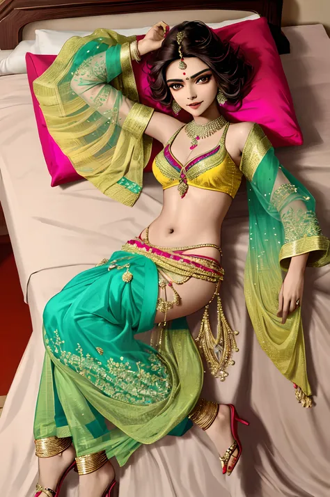 Indian actress Deepika Padukone wearing a vibrant saree lying in bed seductively, smiling