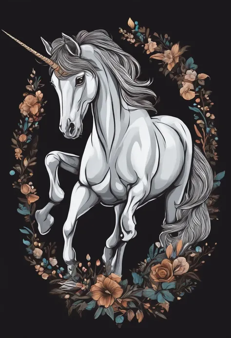 /imagine prompt: unicorn illustration for a sticker with a black background, in bold outline style, sharp edges, playful, light shading --v 5.2