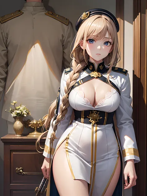 (Finest quality)),(超A high resolution),(ultra-detailliert),(Meticulous portrayal),((Best Anime)),(Finest works of art),Ultra-Precision Art,The art of astounding depiction, (Woman in military uniform),Braided hair,Toned look,sabre,badges, Slim body