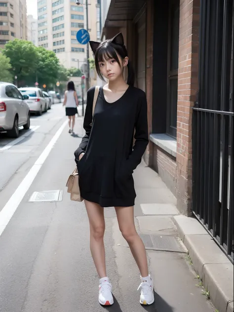 Looks Back，Knees，年轻，(Onepiece)，Long T-shirt，teens girl，Delicate body，petite body，Delicate body，small tits，tiny chest，Short，A dark-haired，Twin-tailed，poneyTail，Urban area、Cats ears、Sad face