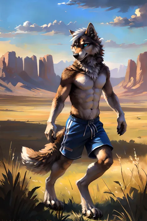 ((Solo)), male people, anthro wolf, (Multi-colored fur, White-brown:1.3), ((Wolf face, White hair, Big eyes, White eyelids, Blue pupil, Slim:1.2) (Tough, Calm expression:1.2)), Abs, Slim, pinging)), (Correct anatomy), (Work shorts:1.1), (Contour bone:1.2),...