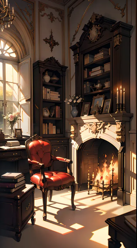 (tmasterpiece, high resolution, ultra - detailed:1.0), (study, Books, desk, chair,Bookshelves,French window, decorations, fireplace), color difference, Depth of field, dramatic shadow, Ray tracing, Best quality, Cinematic lighting, offcial art