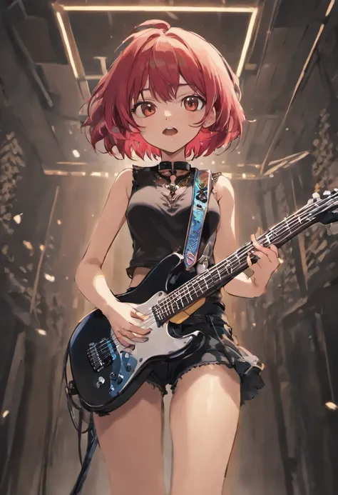 1girl, short red hair, eye patch on left eye, brown eyes, black spike collar around neck, sleeveless black shirt with pink skull graphic design on chest, holding guitar, microphone stand in foreground, short denim shorts, black_pink pinstripe socks, knee p...