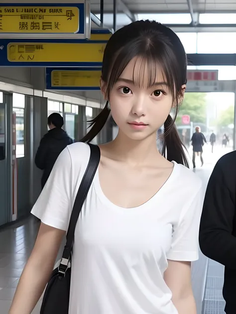 Looks Back，Knees，年轻，(Onepiece)，Long white T-shirt，teens girl，Delicate body，petite body，Delicate body，small tits，tiny chest，Short，A dark-haired，Twin-tailed，poneyTail，Railway stations