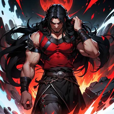 Musculous Viking Berserker. Dark Black Long Hair. Very Long Hair. Red Aura. Red Eye