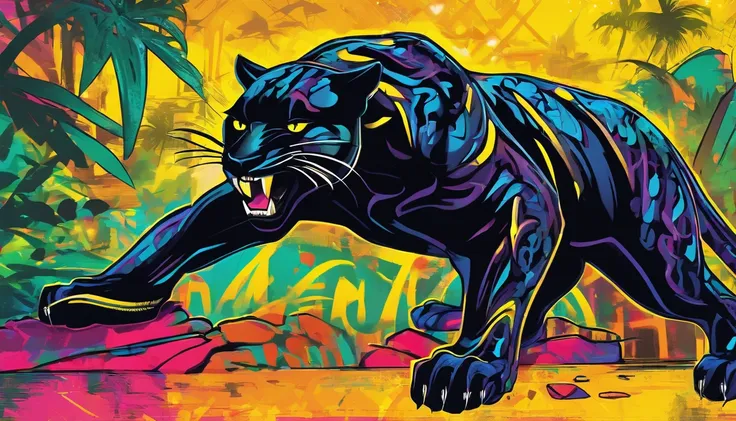 Graceful Black Panther, bright yellow eyes 1.4, Tropical Rainforest,  2D art games, Detailed character expressions, close up, in the style of soft brushstroke realism, Dark and neon colors,  ::1 neckline ::-0.5 --ar 2:3 - without splitting