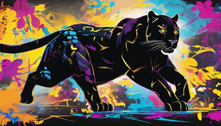 Graceful Black Panther, bright yellow eyes 1.4, Tropical Rainforest,  2D art games, Detailed character expressions, close up, in the style of soft brushstroke realism, Dark and neon colors,  ::1 neckline ::-0.5 --ar 2:3 - without splitting