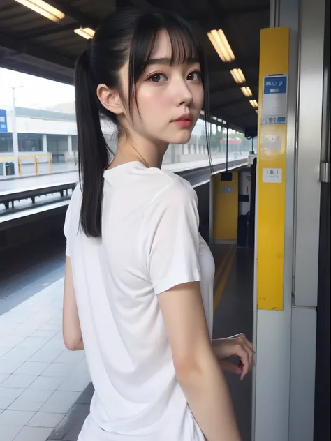 Looks Back，full bodyesbian，年轻，(Onepiece)，Long white T-shirt，teens girl，Delicate body，petite body，Delicate body，small tits，tiny chest，Short，A dark-haired，Twin-tailed，poneyTail，Railway stations