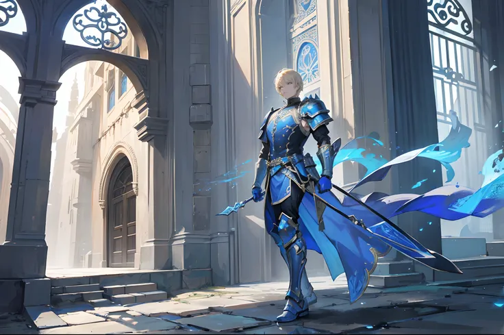 A man in blonde short hair and blue armour entering a Monastery with its massive gates opening in front of him, adorned with intricate carvings depicting heroic battles of the past, swung open