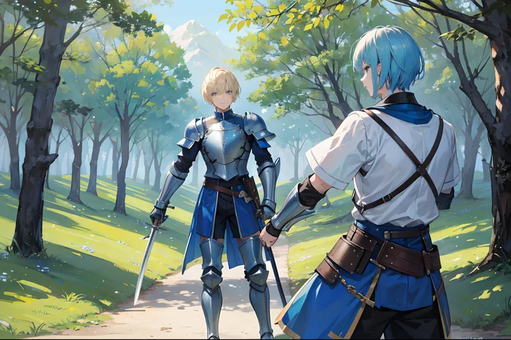 A man in blue armour, blonde short hair is training swordsmanship in training grounds, surrounded by towering trees