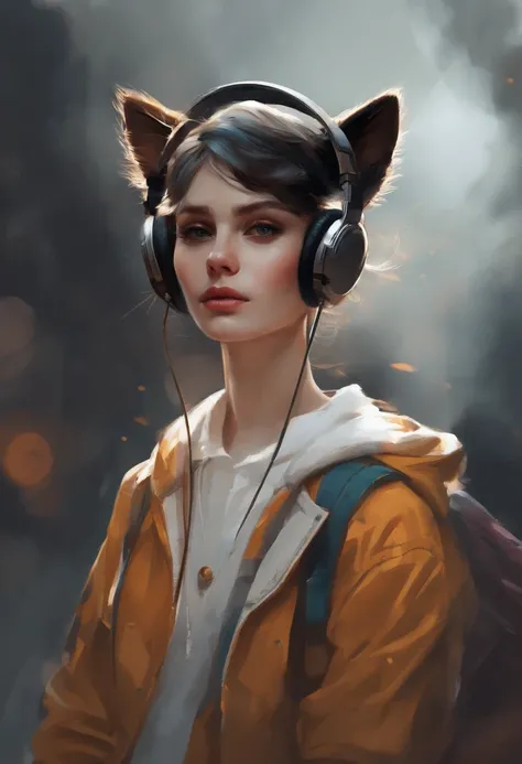 Perfect centering, a cute little cat, Wear a student jacket, Wearing sunglasses, Wearing headphones, Standing position, Abstract beauty, Centered, Looking at the camera, Facing the camera, nearing perfection, Dynamic, Moonlight, Highly detailed, Digital pa...