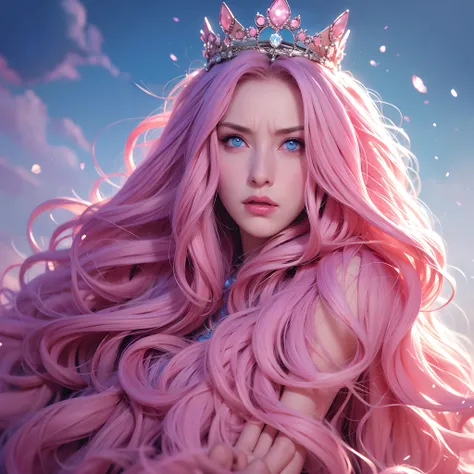 Elf, 1 Woman, long curly hair, pink hair, blue eyes, Queen, crown, 1 woman, would be, angry, powers, icon