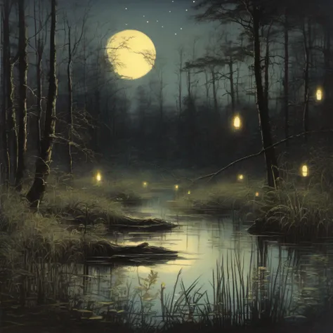 ((nobody)) Vintage Victorian style, Precise old encyclopedia (best quality:1.2), (detailed:1.2), (masterpiece:1.2), vintage botanical illustrations of a swamp at night, fireflies, ghosts, ghostlights, swamp lights