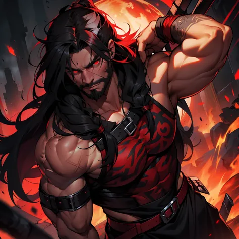 Musculous Viking Berserker. Dark Black Long Hair. Very Long Hair. Red Aura. Red Eye. Berserker