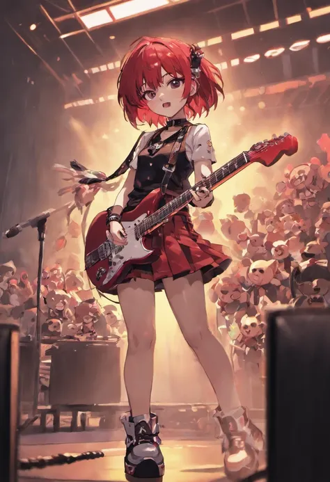 1girll, Short red hair, eye patch over left eye, Brown eyes, Black spiked collar around the neck, sleeveless black shirt，There is a pink skull pattern design on the chest, holding guitars, The microphone stand is located in the foreground, Short denim shor...