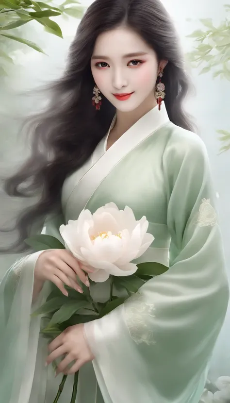 HD photo of girl holding peony. She is well developed, with a pure white background, long and flowing hair, Light green and light jade, Wearing a translucent silk dress. Her posture is elegant, Like a traditional Chinese painting. Tang dynasty, The appeara...