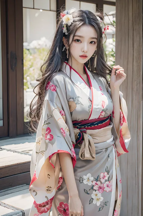 araffe woman in a kimono dress posing for a picture, in kimono, elegant japanese woman, wearing kimono, korean model, japanese kimono, japanese goddess, traditional japanese, in a kimono, wearing a kimono, pale and coloured kimono, white hanfu, kimono, wea...