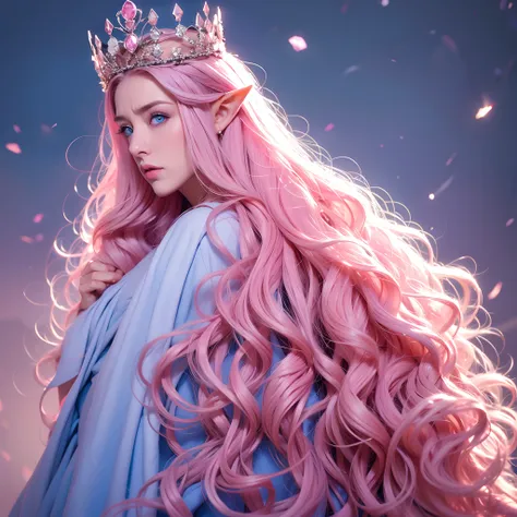 Elf, 1 woman, long curly hair, pink hair, blue eyes, Queen, crown, 1 woman, Would, angry, Powers, icon, Alone