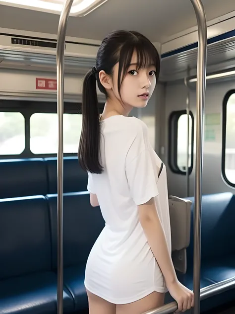 Looks Back，Knees，年轻，(Onepiece)，Long T-shirt，teens girl，Delicate body，petite body，Delicate body，small tits，tiny chest，Short，A dark-haired，Twin-tailed，poneyTail，In the train car