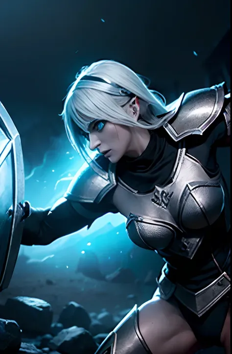 A beautiful athletic paladin female drow(dark elf), ((hitting her enemy in the face with her shield:1.4)), (strong hard hit in the face with blood gushing:1.4), shieldbash, sword in the other hand, very dynamic pose, fit muscular ripped body, black skin li...