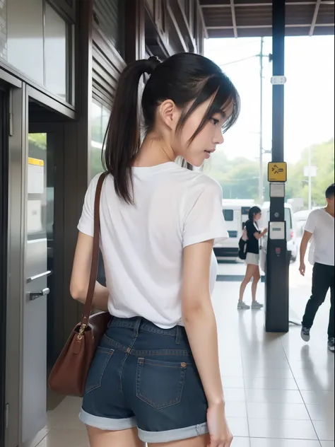 Looks Back，年轻，(shortpants)，white t-shirts，teens girl，Delicate body，petite body，Delicate body，small tits，tiny chest，Short，A dark-haired，Twin-tailed，poneyTail，Railway stations