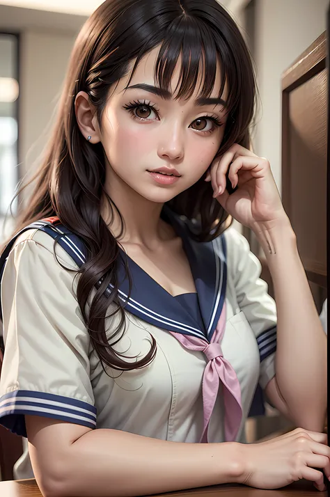 Arab-asian woman in sailors uniform sitting at table, wearing japanese school uniform, japanese girl school uniform, Cute Schoolgirl, Japan school uniform, Young Pretty Gravure Idol, Young Gravure Idol, Young skinny gravure idol, Young Sensual Gravure Idol...