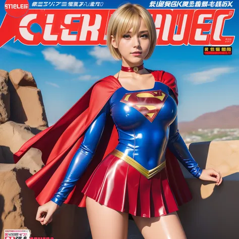 (Best Quality,4K,8K,hight resolution,masutepiece:1.2),Ultra-detailed,Realistic:1.37,Super masterpiece,Short-haired Supergirl、large full breasts、Looking at the camera、Glossy costume、a choker、Too short miniskirt、Shiny bright red enamel boots、Magazine covers、...