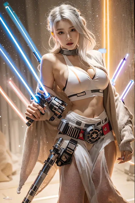 araffe star wars sexy woman with lightsabed sword in a bikini, amouranth, skywalker, better known as amouranth, female jedi, with lightsaber sword, amouranth as a super villain, holding lightsaber 4 k, with light-saber, star wars character, holding a light...