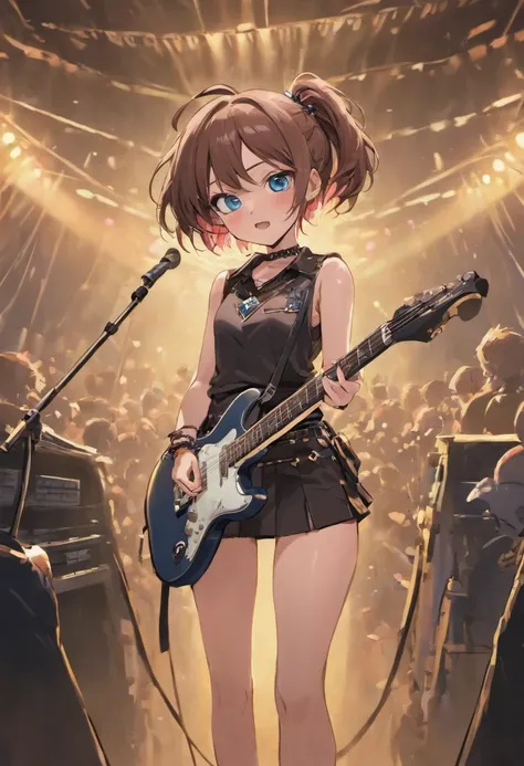 1girll,Short brown hair, blue color eyes, Black spiked collar around the neck, sleeveless black shirt，There is a pink skull pattern design on the chest, holding guitars, The microphone stand is located in the foreground, Short denim shorts, black_Pink pins...