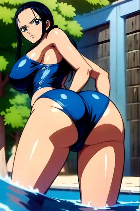 Nico Robin from One Piece naked, black hair, blue eyes, showing the ass, big ass, bug boobs, back veiw, 8k, perfect quality.