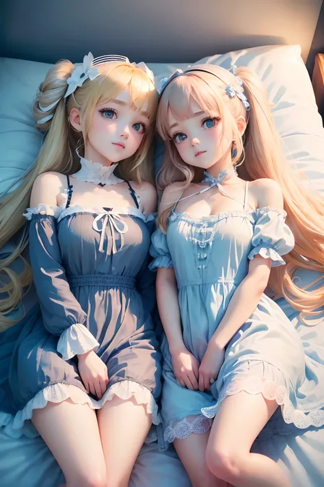 (2girls),,( , High quality , ultra-detailliert ),,(masutepiece),（beneath the stars）,(long-haired blonde twin-tails),（(Light blue and white nightgown)）,(Cute 3D anime petite girl rendering),hyperdetailed face,Bare legged,Halo, Perfect face and nice perfect ...